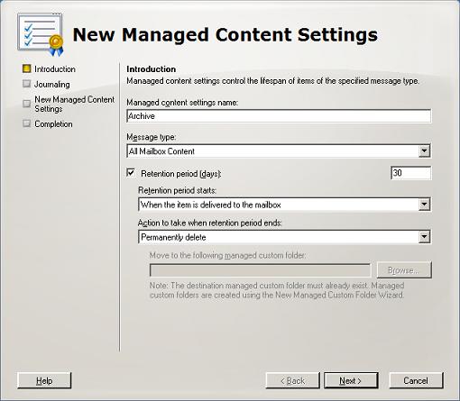 New Managed Content Settings