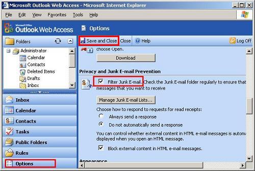 OWA Enable Junk Email