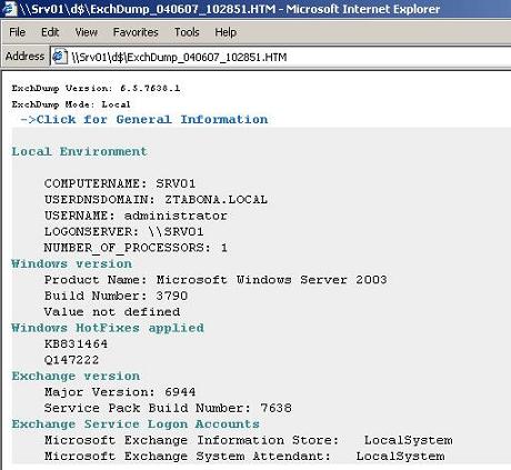 The Exchange Dump report showing General Information