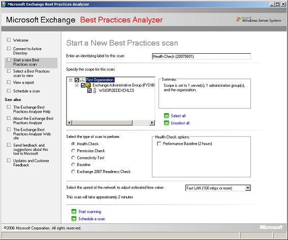 ExBPA - Settings options for a new scan