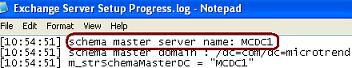 FIGURE B.11 - Exchange Server Setup Progress.log showing Schema Master Name