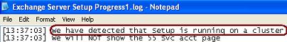 FIGURE B.14 - Exchange Server Setup Progress.log file showing Cluster Message in Exchange Server 200