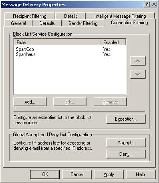 Exchange Connection, Sender, Recipient Filtering