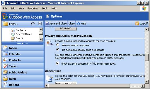 OWA Junk Email Options