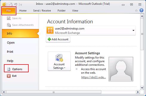 Outlook 2010 File  Options