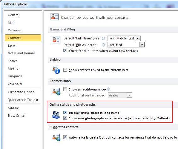 Outlook 2010 Lync Options