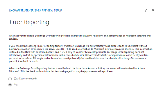 Exchange 2013 Install - Error Reporting