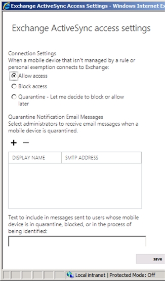 Exchange 2013 | Mobile | Mobile Device Access | ActiveSync Access