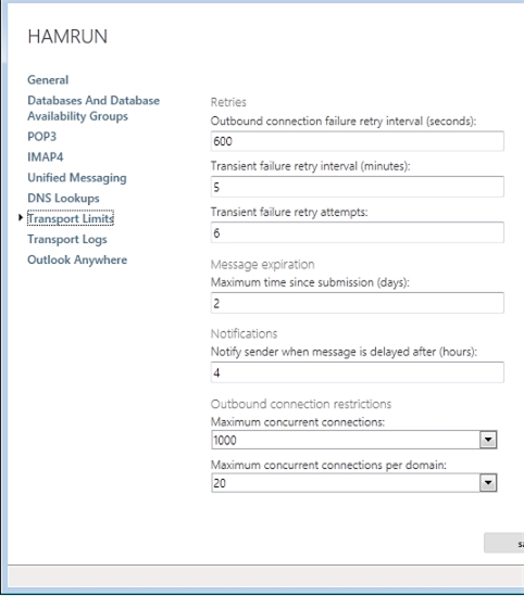 Exchange 2013 | Servers | Servers | Transport Limits